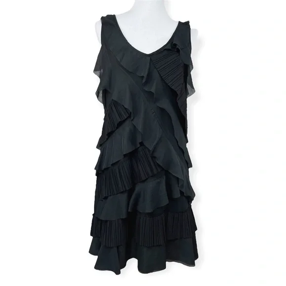 LOFT Black Tiered Ruffle Sleeveless Mini Dress V Neck Medium - Picture 5 of 11